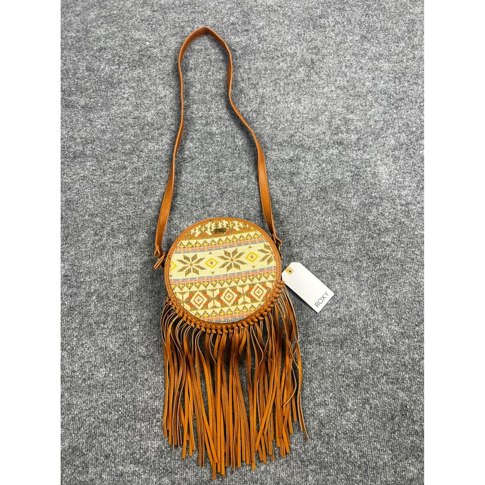 Roxy Brown Faux Leather Round Fringe Crossbody Bag Woven Tapestry Boho Festival